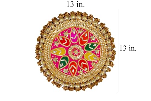 Image of Wood Handmade Gota Patti Work Plate, Table Decor & Base For Statues, Gods, Plant, Craftsmanship With Golden Moti Detailing, Gift For Diwali, Birthdays, Housewarming Size 13 inch Pink 2