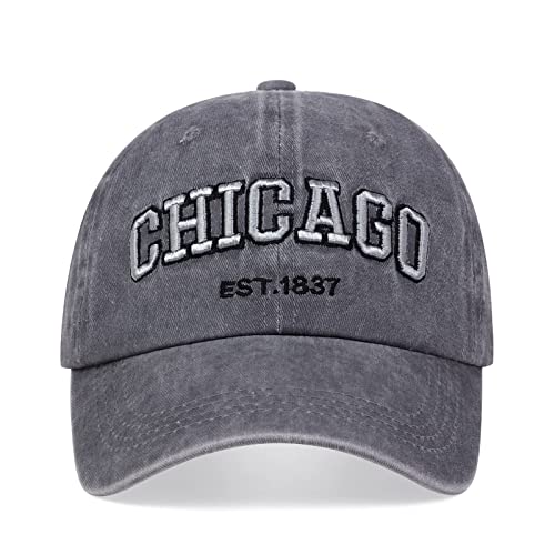 Chicago Hat for Men Women 3D Embroidery Vintage City Dad Hats Baseball Cap Grey