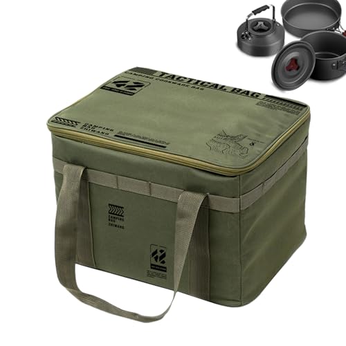 キャンプ収納バッグ、42Lキャンプキッチンボックス、ハンドル付き整理コンテナ 折りたたみ式 防水 ジムパッキング、洗濯、寮、キッチン、旅行、ショッピング、食料品、大学用, ミリタリーグリーン, Refer to description, ユニ。