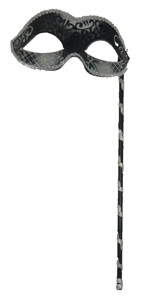 LADIES SPARKLING BLACK AND SILVER RIALTO VENETIAN MASQUERADE CARNIVAL PARTY EYE MASK HAND HELD ON A WOODEN STICK - Image 2