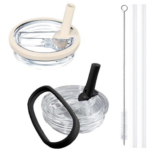 Image of 2 Pack Stanley Flip Straw Lid, with Leak Proof, Stanley Cup Accessories, Stanley Lids Replacement for Stanley Quencher H2.0 40 oz Tumbler (Only), BPA Free (Beige and Black Set)