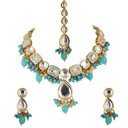 Image of Lucky Jewellery Meenakari 18k Gold Plated Tika Earring Combo Uncut Big Faux Kundan Choker Necklace set