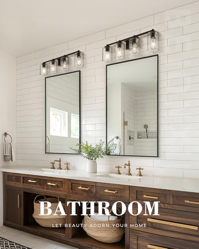 Image of Beionxii Bathroom Vanity Lights, 4-Light Vintage Wall Sconce Light Fixtures, Oil Rubbed Bronze Finish with Clear Seeded Glass - MB9002 Series