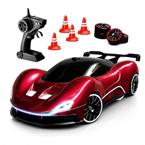 Image of RC Drift Car 1:16 Scale, 2.4GHz Remote Control, Set | 25KM /H High-Speed, LED Lights, Replaceable Drift Tyres, Spare Wheels & Cones Included