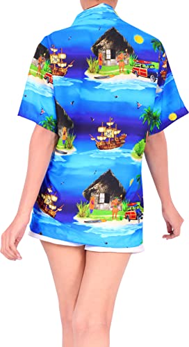 La Leela Women's Funky Aloha Beach Hawaiian Blouse Tops Button Down Tropical Shirts For Women M Blue, Holiday Tribal #TOP1
