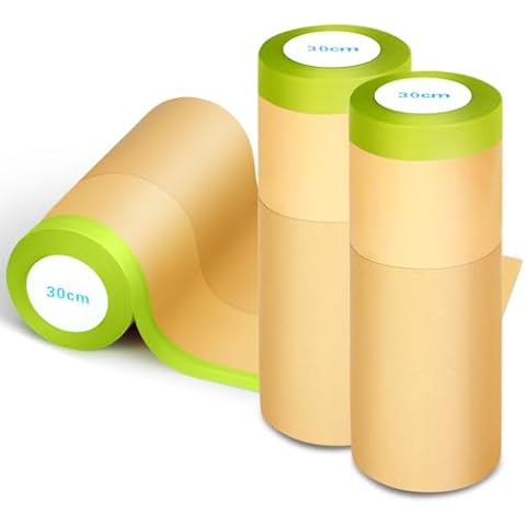 NETEHA 3 Rolls 12inch x 50feet Tape and Masking Paper, Paint Adhesive Protective Paper Roll for Painting Protection Covering, Car Auto Body and Wall Covering Skirting Cover