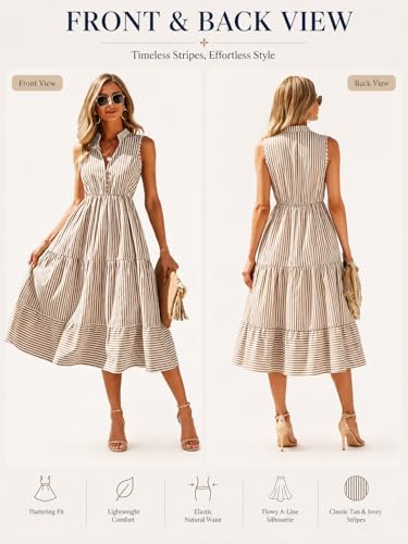 Image of BROVAVE Womens 2026 Summer Sleeveless Shirt Dress Collar Striped V Neck Casual Midi Dresses