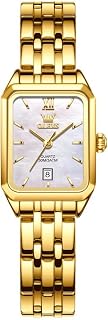Gold Damenuhr, Rechteckig Edelstahl Analoger Quarz Damen Uhr, Klassisches Luxus Kleid Diamant mit Datum Armbanduhr Damen