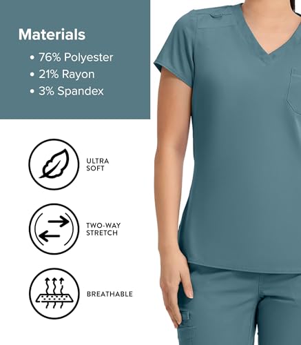 Image of Med Couture Women's V-Neck Scrub Top, Modern Fit Tuck-in Top with Stretchy Rib-Knit Shoulders and Chest Pocket - MC7448