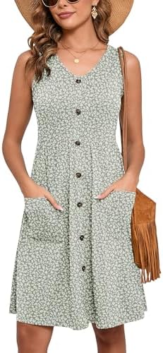 Heymoments Women's Summer Dresses Sleeveless Casual Fashion Loose Swing Button Down Beach Dress with Pockets