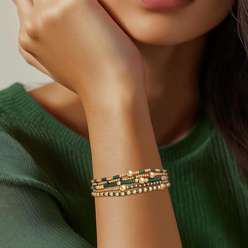 Gold Beaded Stack Bracelets Set For Women, 5Pcs Boho Handmade Small Beads Stackable Stretch Layered Outfit Accessories Jewelry Gift.2