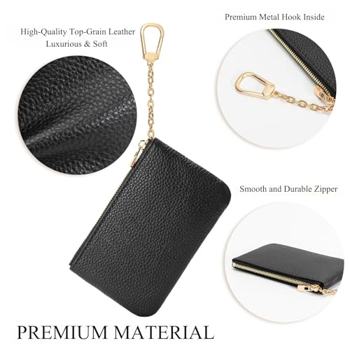 Image of Full Grain Leather Coin Purse with Key Chain - Small Change Purse Keychain Card Holder Keychain Pouch Small Keychain Wallet for Women and Men (Black - Large Size)