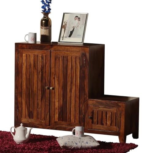 Image of Solid Sheesham Wood Shoe Rack Wooden with Seating 3 Doors | Multipurpose Shoe Rack Stand Storage Cabinet Organizer for Home, Office, Entryway, Hallway & Living Room, Bedroom | Natural Finish