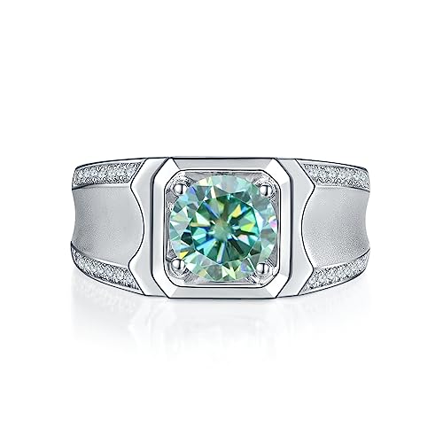 Gem's Beauty Green Moissanite Men's Rings 1.0ct 6.5mm D Color Green Moissanite Engagement Ring imitation Diamond Rings 925 Sterling Silver Wedding Ring for Men(Size 8-12