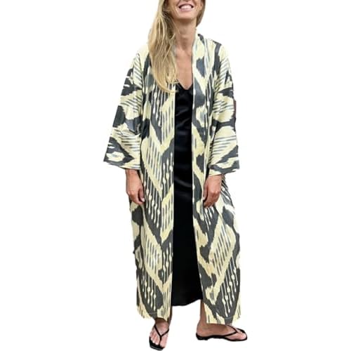 RanRui Beach cover up over sized kimonos Women's geometry Print Rayon kimonos with belt for summer 81714 Grey X-Large