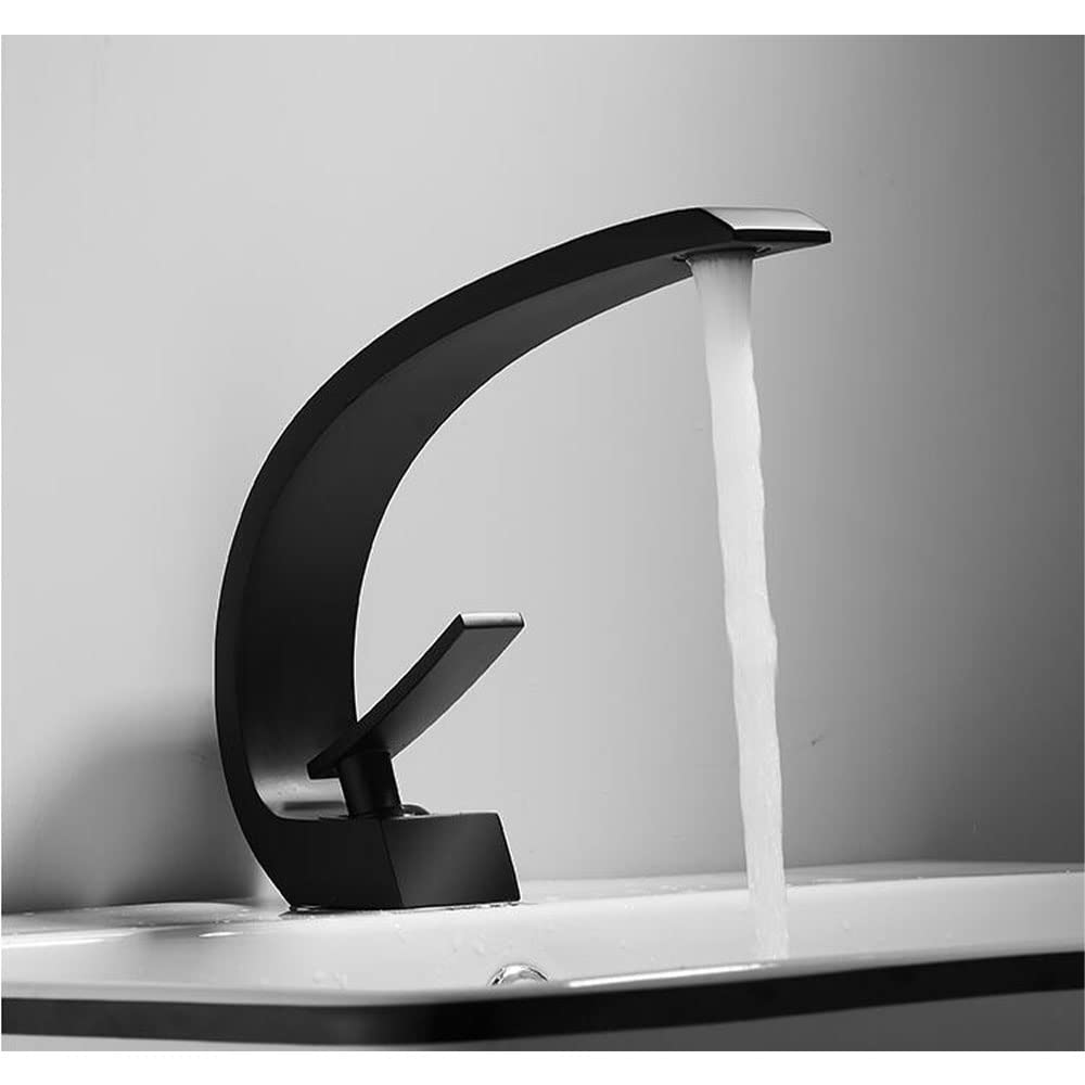 Robinet de lavabo de salle de bain noir mitigeur cascade monotrou en laiton