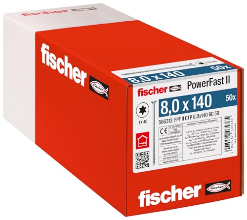 fischer - Vis de charpente PowerFast FPF II CTP 8,0x140 revêtement zingué, Filetage partiel, tête fraisée avec Empreinte Torx/Boîte de 50