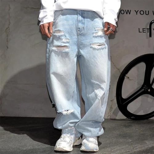 Men’S Chic Slim Fit Straight Denim Cargo Full Length Jeans Button Fly Midweight Distressed Hole Detail Casual Wear Pants2