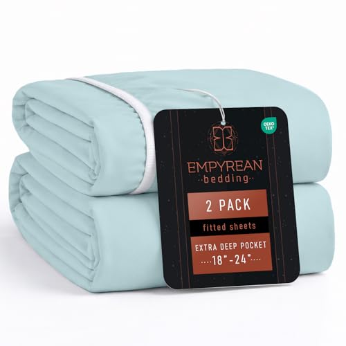 Empyrean 2 Pack Light Blue Extra Deep Pocket Fitted Sheet Full Size, Hotel Luxury Deep Pocket Full Size Fitted Sheet Only Easily Fits 18 to 24 Inch Mattress, Soft, Wrinkle-Free with Corner Straps