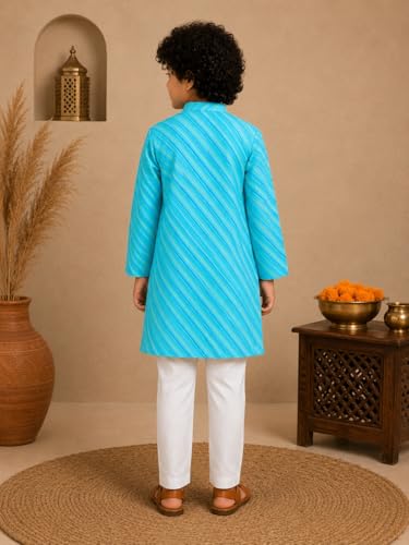 Image of superminis Cotton Boys Sanganeri Lehariya Printed Kurta Set with White Pyjama Elastic Closure