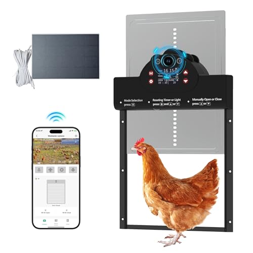Automatic Chicken Coop Door Solar Powered with 2K Camera & Night Vision IP65 Wireless Auto Door Opener 6-Month Battery APP Control 2-Way Audio Anti-Pinch Design (Black)
