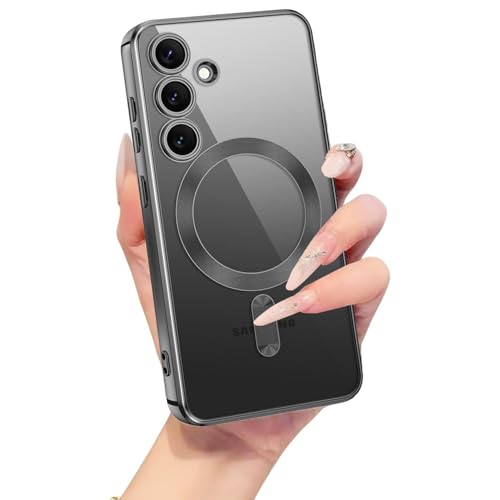 Image of VONZEE Clear Logo Electroplating Transparent Case for Samsung A16 5G, Magnetic Plating [Support for MagSafe Charger] Electroplate TPU Cover, Individual Camera Protection for Each Lens - Black