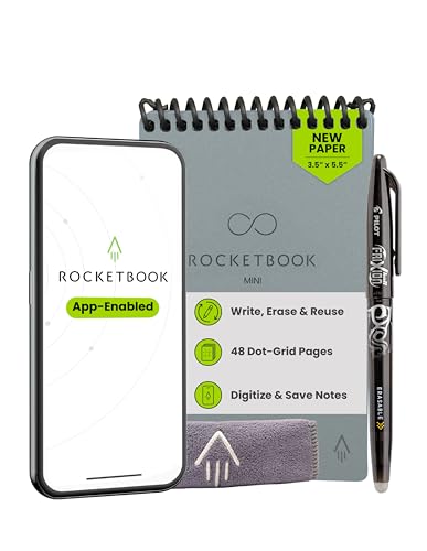 Rocketbook Wiederverwendbarer Mini-Notizblock, Taschenformat, 8,9 x 14 cm, Grau – gepunktete Seiten, App-verbunden, löschbar, ideal für unterwegs und schnelle Notizen überall
