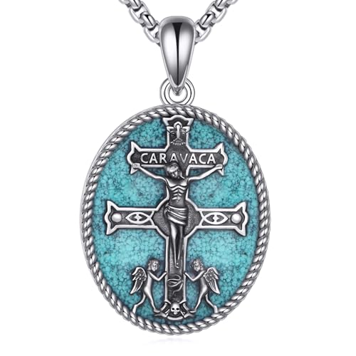 URONE Caravaca - Collar de cruz doble de plata de ley 925 con crucifijo turquesa, collar de Jesús, joyería religiosa, regalos para mujeres y hombres