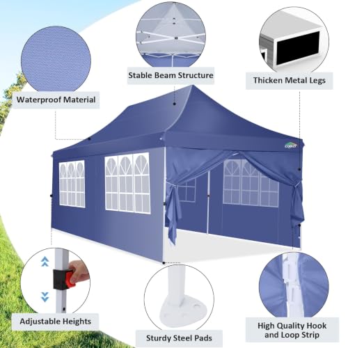 Image of COBIZI 10x20 Pop up Canopy Tent for Parties, Carry Bag,6 Walls,4 Sandbags