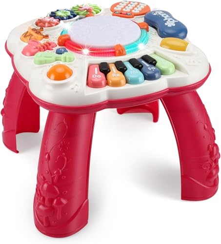 AUTOMP Aktivitäts-Tisch mit Licht & Musik für Babys 0-36 Monate Lernspielzeug mit Geräuschen und LED-Effekten (30x30x29cm Rot) Jungen und Mädchen