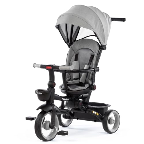 moovkee. Kinder Dreirad mit Schubstange ab 1 Jahr mit 360-Grad-Sitz – Grau Multifunktional Laufrad mit 4 konfigurierbaren Optionen - Sicherheit für Ihr Kind Dank 3-Punkt-Gurt und Schutzbügel