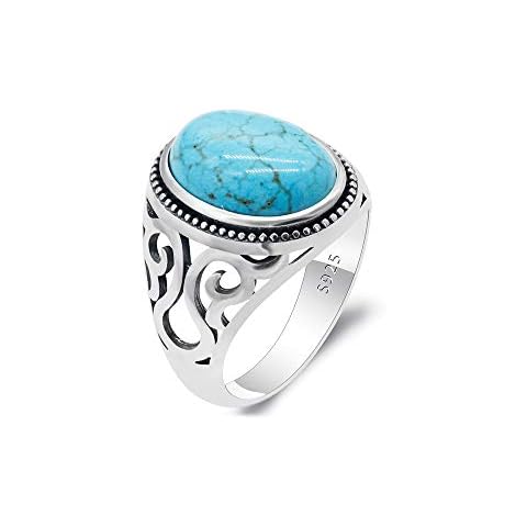 Vintage Turquoise Rings for Men - Solid 925 Sterling Silver Retro Turquoise Wedding Jewelry Bands Rings- Hollow Bohemia Engagement Party Band Rings Size 8-12, Metal, not known Cover