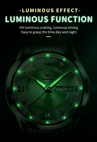 OLEVS Men's Watch Luxury Business Dress Watch UK Diamond Design Quartz Stainless Steel Waterproof Luminous Week Calendar Gift