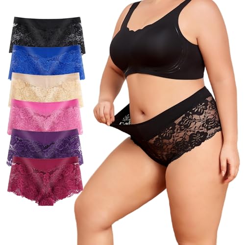 Image of Sexy Underwear For Women, Plus Size Lace Boyshorts Panties Soft Boxers Panty With Cotton Crotch, 6 Pack