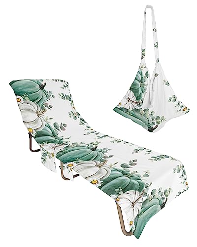 Pumpkins Daisy, Beach Lounge Chair Towel Cover, Soft Chaise Lounge Towel with Side Pockets Patio Pool Chairs Cover for Beach/Pool Sunbathing 29x85 Green White Eucalyptus Leaves Flower Watercolor