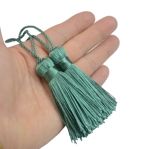 Image of 20Pcs 4.3 Inch Mini Craft Tassels for Earrings, DIY Crafts(Peacock Green) | Handmade soft terylene, 2-inch cord loop, small Chinese knot-for earrings, bookmarks, tags, souvenirs and DIY crafts.