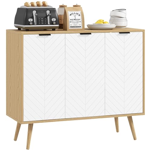 HOMCOM Aparador de Cocina Mueble Auxiliar de Cocina con 3 Puertas con Patrón de Espiga Patas de Madera y Estantes Ajustables Mueble Buffet para Comedor Salón 91,5x35x77,4 cm Blanco y Natural