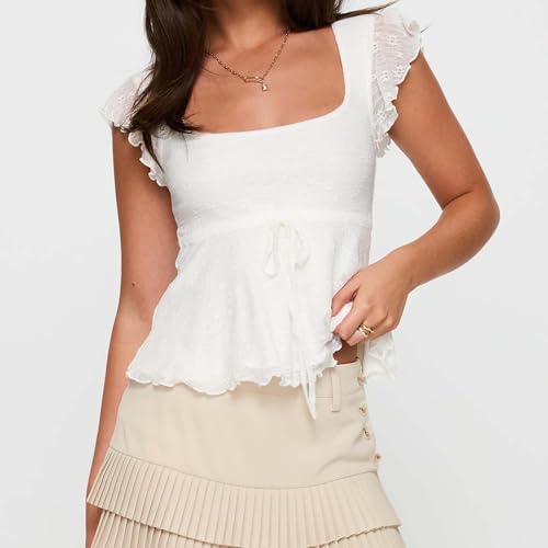 Women Y2K Lace Babydoll Tank Top Square Neck Cap Sleeve Peplum Shirt Slim Fit Jacquard Tie Bow Front T-Shirt Blouse3