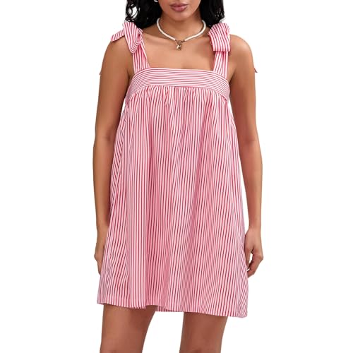 Image of Women Floral Tie Shoulder Mini Dress Cute Square Neck Loose Fit Beach Short Dress Backless Boho Vocation Sundress