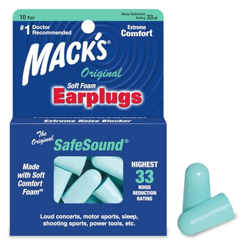 Mack's Original Soft Foam Earplugs, 10 Pair - 33B Highest NRR, Comfortable Ear Plugs for Sleeping, Snoring, Work, Travel & Loud Events | Made in USA
