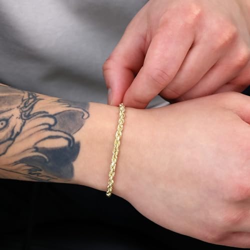 Nuragold 10k Yellow Gold 4mm Rope Chain Diamond Cut Bracelet (7"-9") Italian Jewelry for Men & Women3