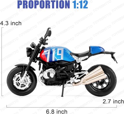 Image of 1:12 Scale BMW R NineT Die-Cast Bike Model with Light & Sound - Pull Back Toy Motorcycle for Kids & Collectors Blue