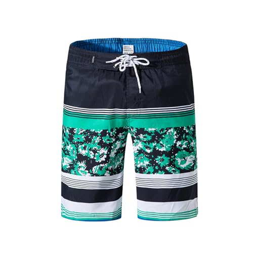 Men's Swim Trunks Hawaiian Striped Print Beach Shorts Summer Lightweight Quick Dry Bathing Pants with Drawstring