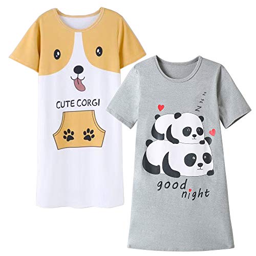 Hupohoi Big Girls' Short Sleeve Nightgown Lovely Cats Lazy Day Printed Sleep Dress Pjs 2Pcs-Corgi/Panda 14(Us 11-13 Years) #TOP6