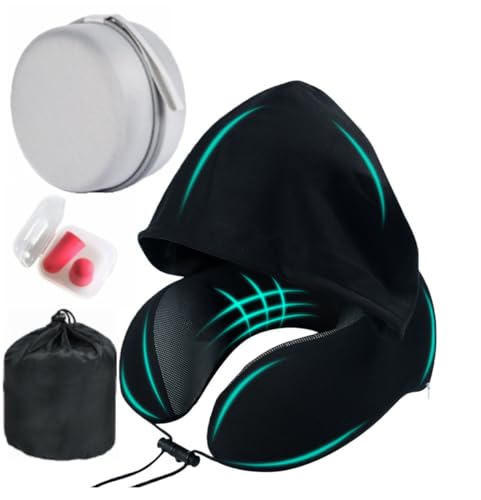 Image of Travel Neck Pillow with Extra Large Hood Rollable Airplane Hooded Neck Pillow with Memory Foam Filling and Removable, Skin-Friendly Cover with Carrying Case & Pouch (Velvet)