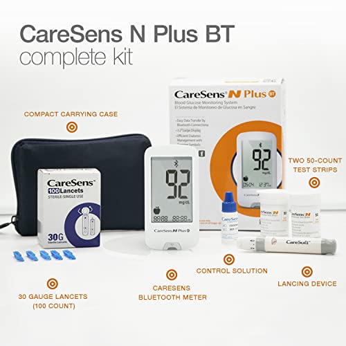 Caresens N Plus Bluetooth Blood Glucose Monitor Kit With 100 Blood Sugar Test Strips, 100 Lancets, 1 Blood Glucose Meter, 1 Lancing Device, Travel Case For Diabetes Testing Kit (Auto-Coding Glucometer Kit With 1 Control Solution)… #TOP3