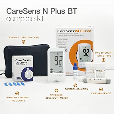 CareSens N Plus Bluetooth Blood Glucose Monitor Kit with 100 Blood Sugar Test Strips, 100 Lancets, 1 Blood Glucose Meter, 1 Lancing Device, Travel Case for Diabetes Testing Kit (Auto-Coding Glucometer kit with 1 Control Solution) for Personal Use