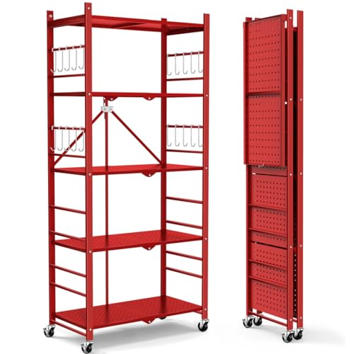 Image of Himix 5-Tier Foldable Storage Shelf 20 Hooks Wheels Garage Red No Assembly