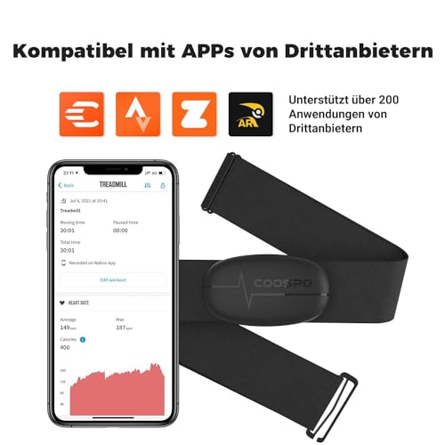 COOSPO H6M Herzfrequenzmesser Pulsgurt Brustgurt Bluetooth ANT+ Konnektivität, Herzfrequenz Sensor IP67 Wasserdichter, Kompatibel mit Wahoo, Elite HRV, Rouvy, adidas Run, Kinomap, Pulsoid
