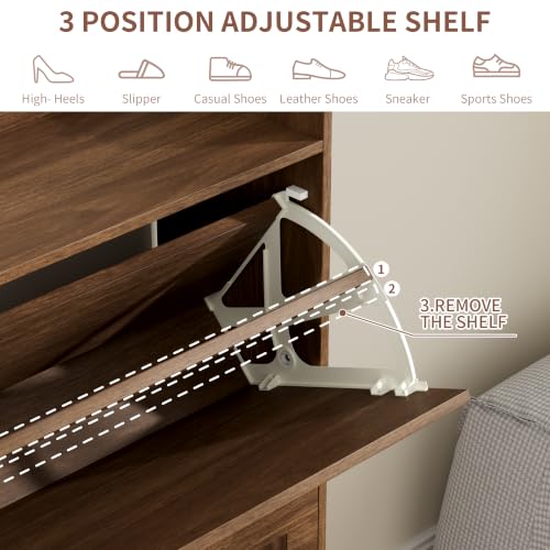 Image of Shoe Storage Cabinet with 2 Flip Drawers, Shoe Organizer Storage with Adjustable Shelves, Freestanding Hidden Slim Narrow Shoe Rack Cabinet for Entryway, Foyer, Hallway, Living Room (Walnut)